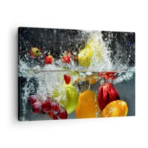 Tablou pe pânză Canvas - Fructe colorate în apă în timpul imersiunii dinamice - 70x50cm - Răcoritoare cu fructe - Decorațiune modernă pentru perete pentru living și dormitor ARTTOR