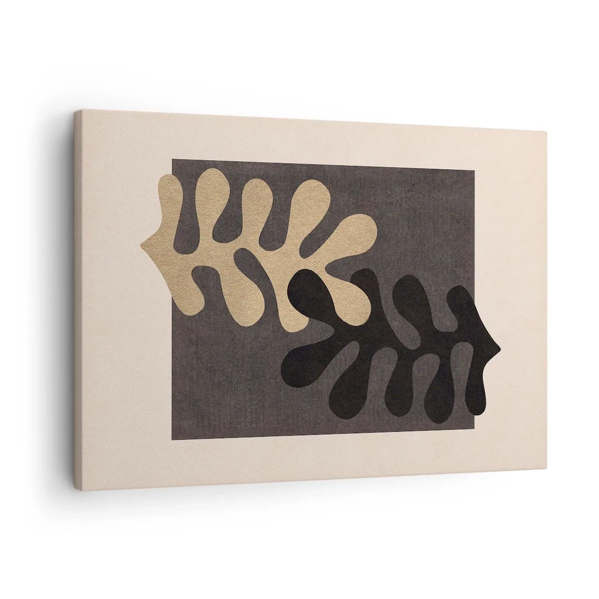 Tablou pe pânză Canvas - Frunze abstracte în negru și bej pe un fundal dreptunghiular - 70x50cm - Absență și completare - Decorațiune modernă pentru perete pentru living și dormitor ARTTOR