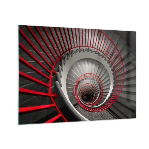 Tablou pe sticlă - Scară spiralată cu balustrade roșii în perspectivă - 70x50cm - Jocuri arhitecturale - Decorațiune modernă pentru perete pentru living și dormitor ARTTOR