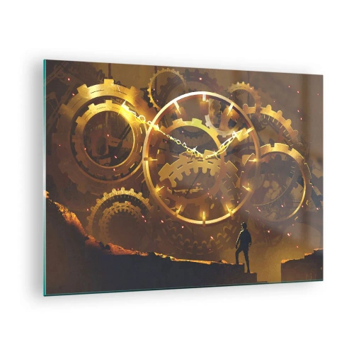 Tablou pe sticlă - Angrenaje steampunk aurii cu iluminare din spate pe fundalul unei siluete umane - 70x50cm - La sursa timpului - Decorațiune modernă pentru perete pentru living și dormitor ARTTOR