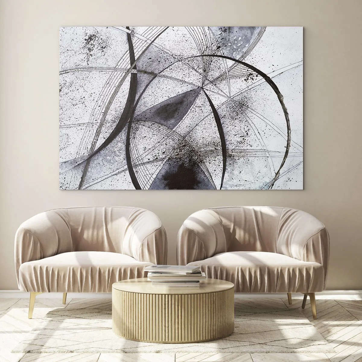 Tablou pe sticlă - O compoziție alb-negru de linii care se intersectează și arcuri geometrice. - 70x50cm - O fantezie futuristă - Decorațiune modernă pentru perete pentru living și dormitor ARTTOR