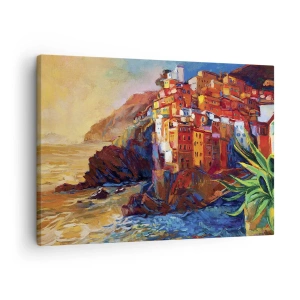 Tablou pe pânză Canvas - Case colorate pe o stâncă deasupra mării - 70x50cm - Oraș italian de vis - Decorațiune modernă pentru perete pentru living și dormitor ARTTOR
