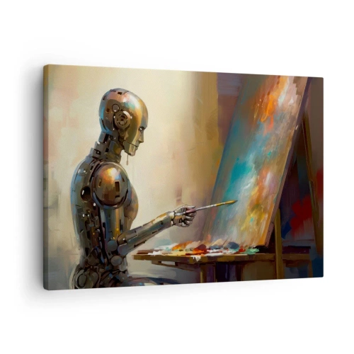 Tablou pe pânză Canvas - Un robot pictând pe o pânză într-un stil artistic - 70x50cm - Arta viitorului - Decorațiune modernă pentru perete pentru living și dormitor ARTTOR
