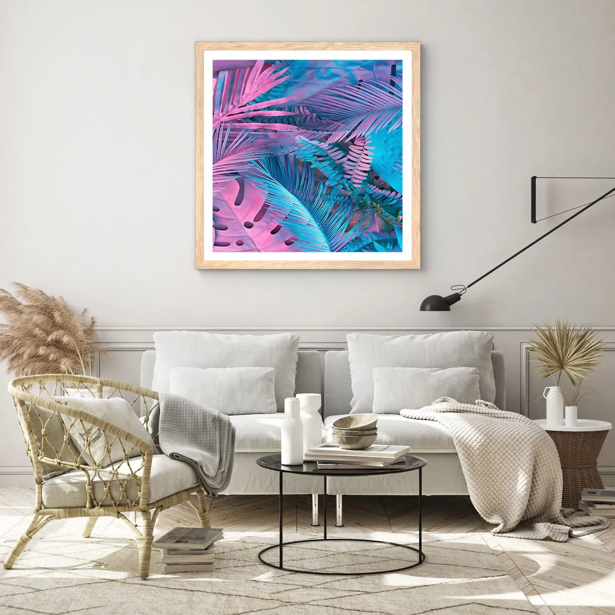 Poster în ramă de stejar deschis - Palmieri în alb și albastru - 40x40 cm
