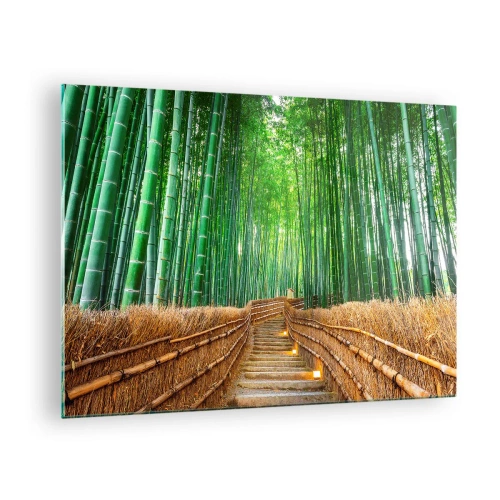 Tablou pe sticlă - O potecă în pădurea de bambus care duce prin scări - 70x50cm - Esența naturii asiatice - Decorațiune modernă pentru perete pentru living și dormitor ARTTOR