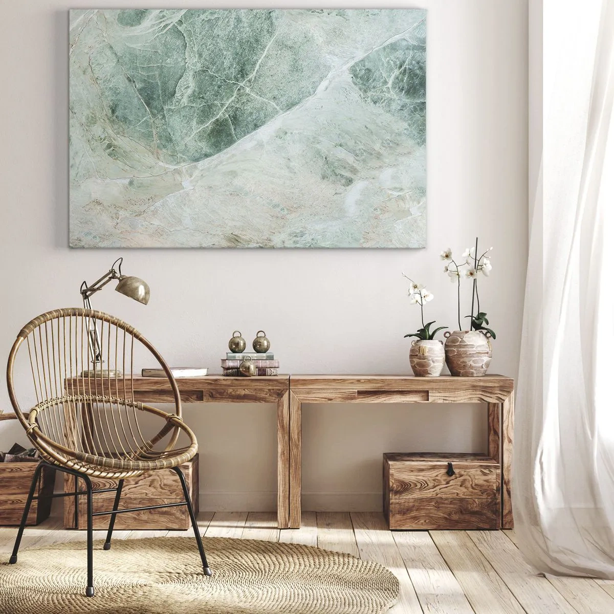 Tablou pe pânză Canvas - Marmură verde cu vene albe delicate - 70x50cm - Răcoarea nobilă a pietrei - Decorațiune modernă pentru perete pentru living și dormitor ARTTOR