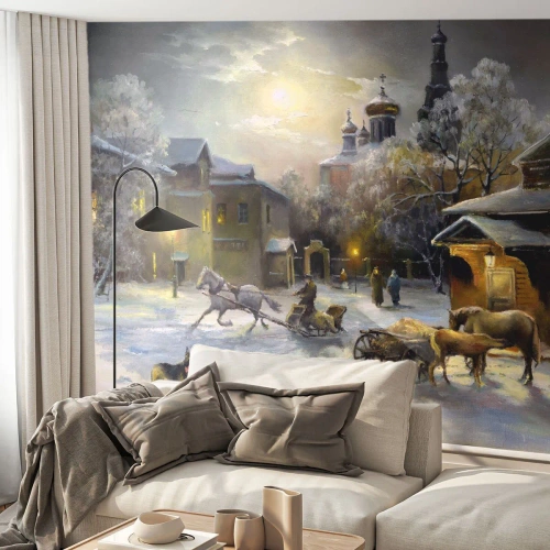Tapet Premium Sand - Magia unei ierni rusești - Peisaj, Sat, Iarna la Camp - 350x256 cm