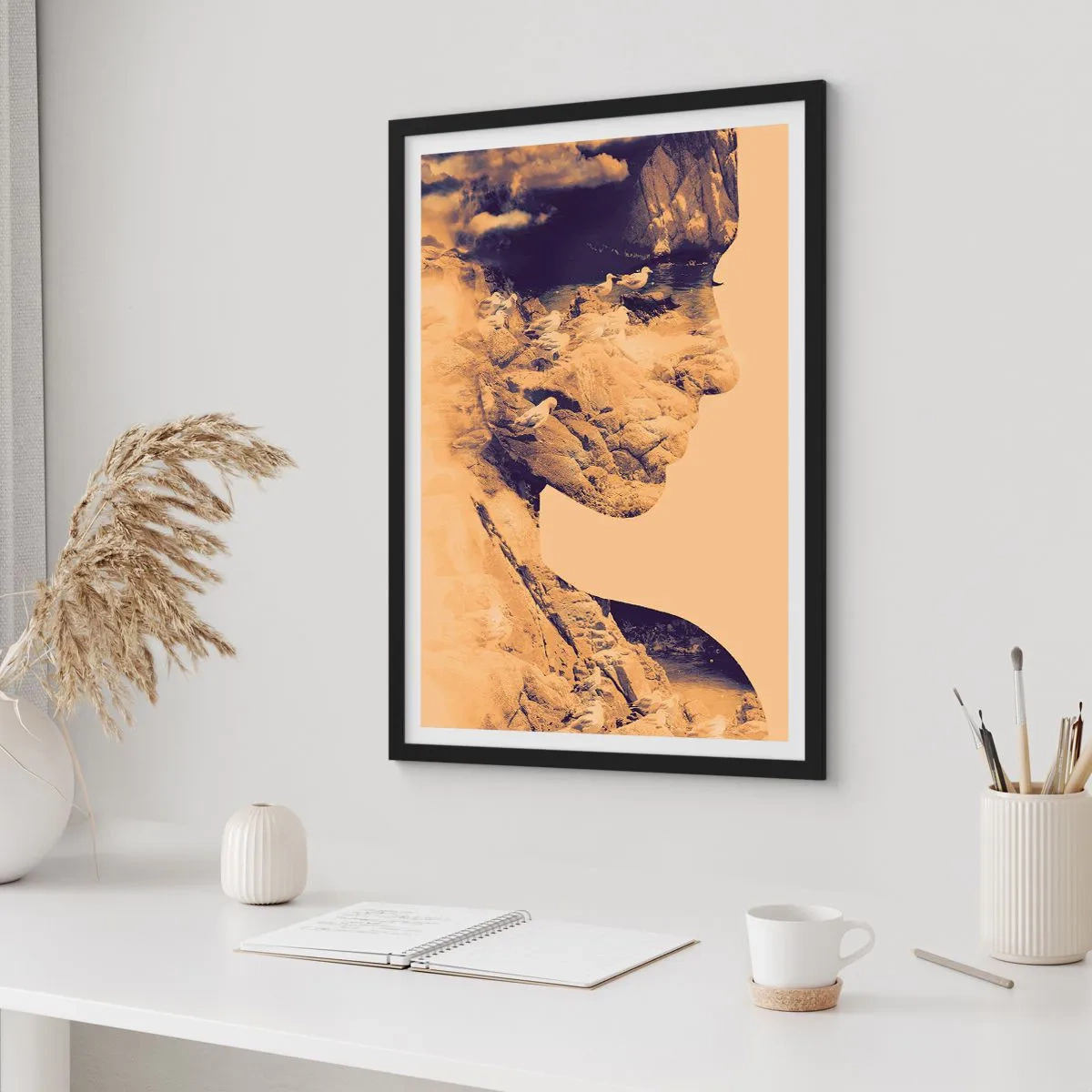Poster în ramă neagră - Portret cu peisaj în stilul dublei expuneri - 50x70cm - Frumoasă prin natura - Decorațiune modernă pentru perete pentru living și dormitor ARTTOR