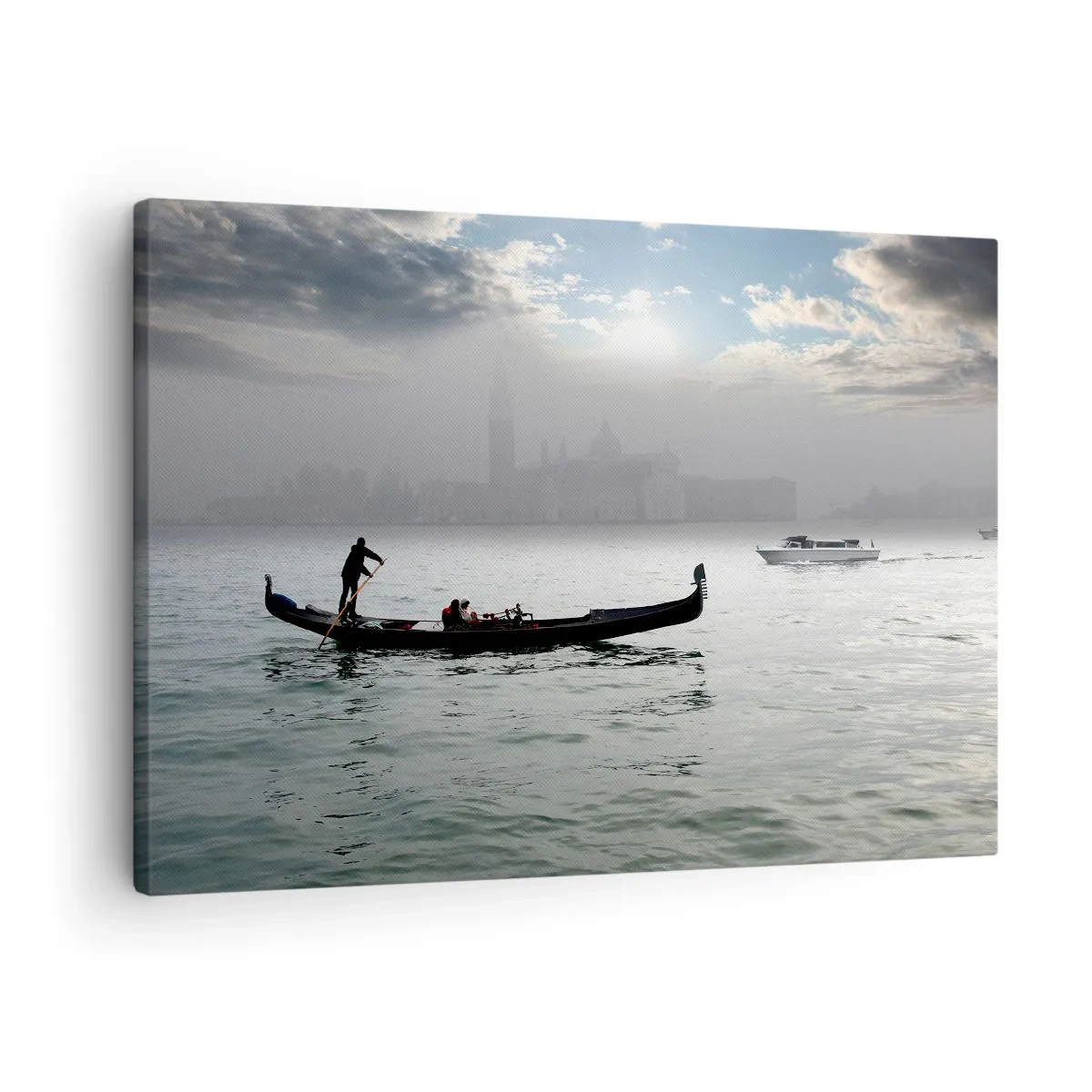Tablou pe pânză Canvas - O gondolă alunecă pe apele Veneției într-o dimineață cețoasă, dominând orașul. - 70x50cm - Un oraș fabulos de apă și ceață - Decorațiune modernă pentru perete pentru living și dormitor ARTTOR