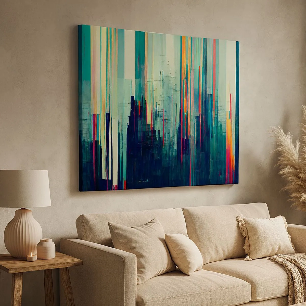 Tablou pe pânză Canvas - Abstracție cu linii verticale și orizontul orașului - 70x50cm - Oraș futurist - Decorațiune modernă pentru perete pentru living și dormitor ARTTOR