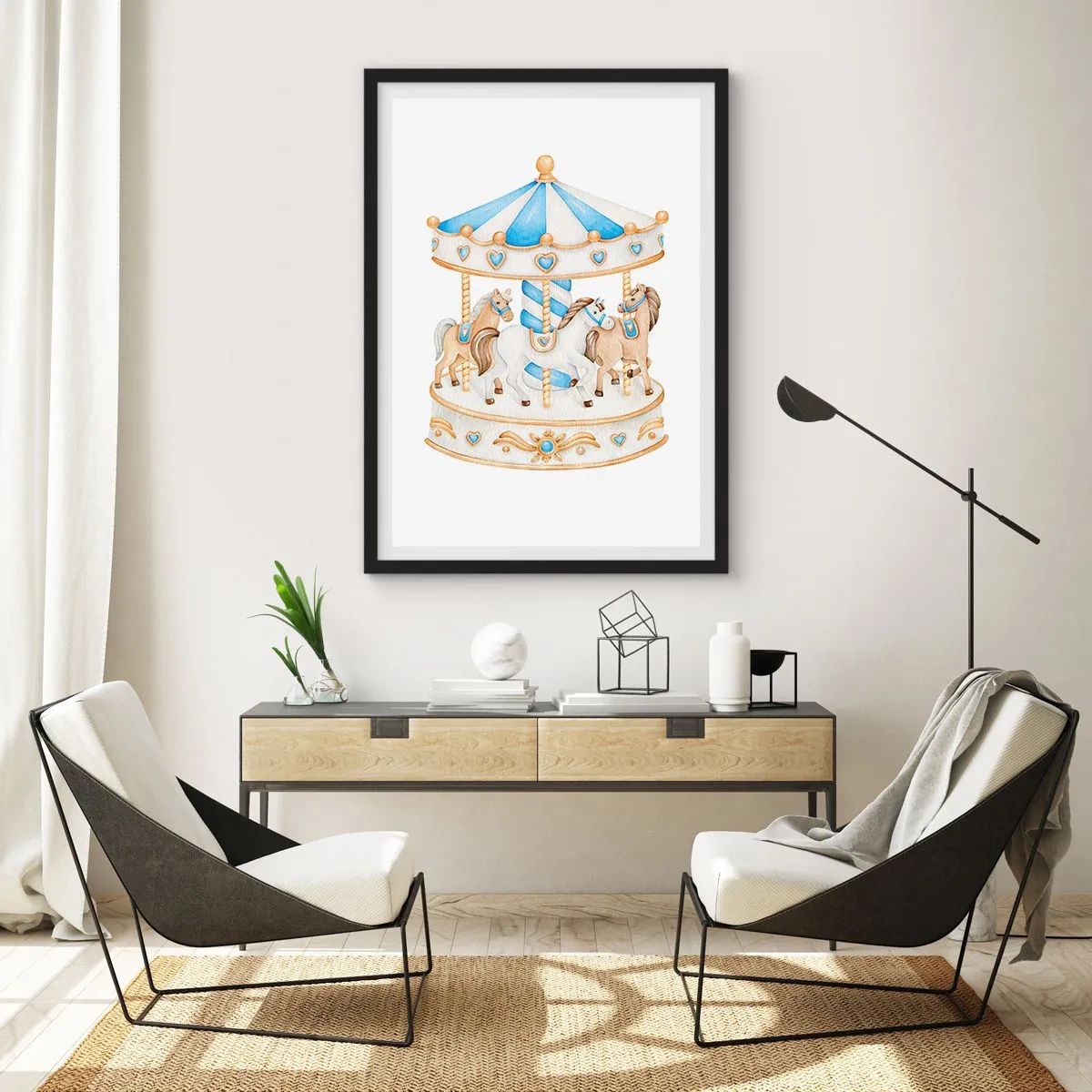 Poster în ramă neagră - Carusel în acuarelă în nuanțe pastelate de albastru și auriu - 50x70cm - Copilărie dulce - Decorațiune modernă pentru perete pentru living și dormitor ARTTOR