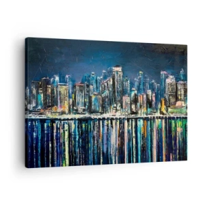 Tablou pe pânză Canvas - Panoramă a orașului nocturn reflectată în apă - 70x50cm - Cascadă de lumini - Decorațiune modernă pentru perete pentru living și dormitor ARTTOR
