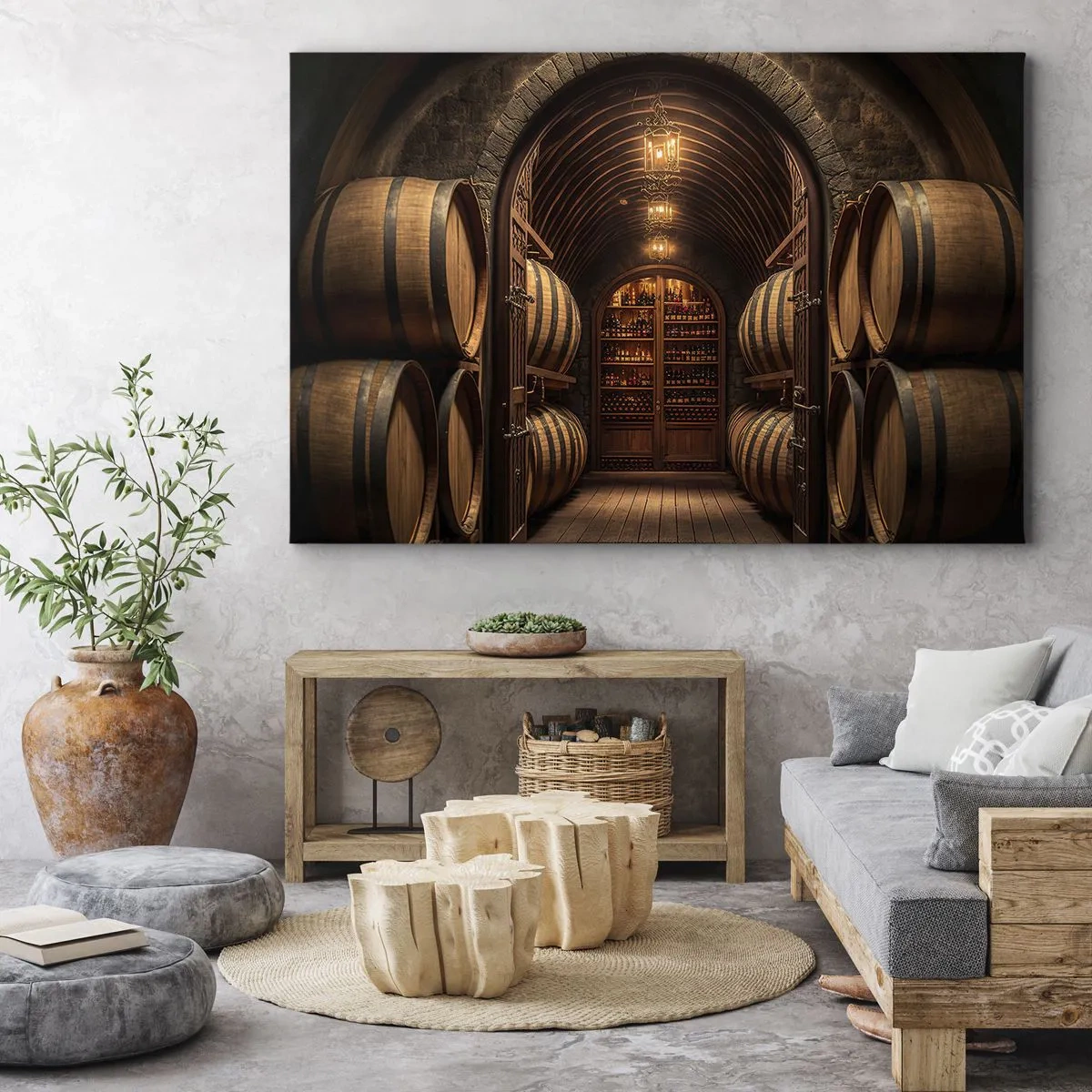 Tablou pe pânză Canvas - Cramă cu butoaie de lemn și rafturi cu vinuri - 70x50cm - Beciul cu atmosferă - Decorațiune modernă pentru perete pentru living și dormitor ARTTOR