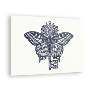 Tablou pe sticlă - Ilustrație a unui fluture cu o cheie în centru - 70x50cm - Toate secretele inimii - Decorațiune modernă pentru perete pentru living și dormitor ARTTOR