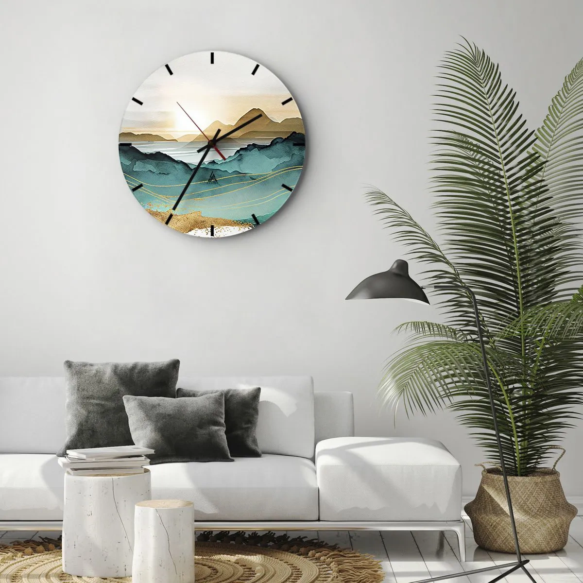 Ceas de perete - Ceas pe sticlă - Apus de soare peste un peisaj montan abstract - 30x30cm - La limita abstracției - peisaj - Decorațiune modernă pentru perete pentru living, bucătărie și dormitor ARTTOR