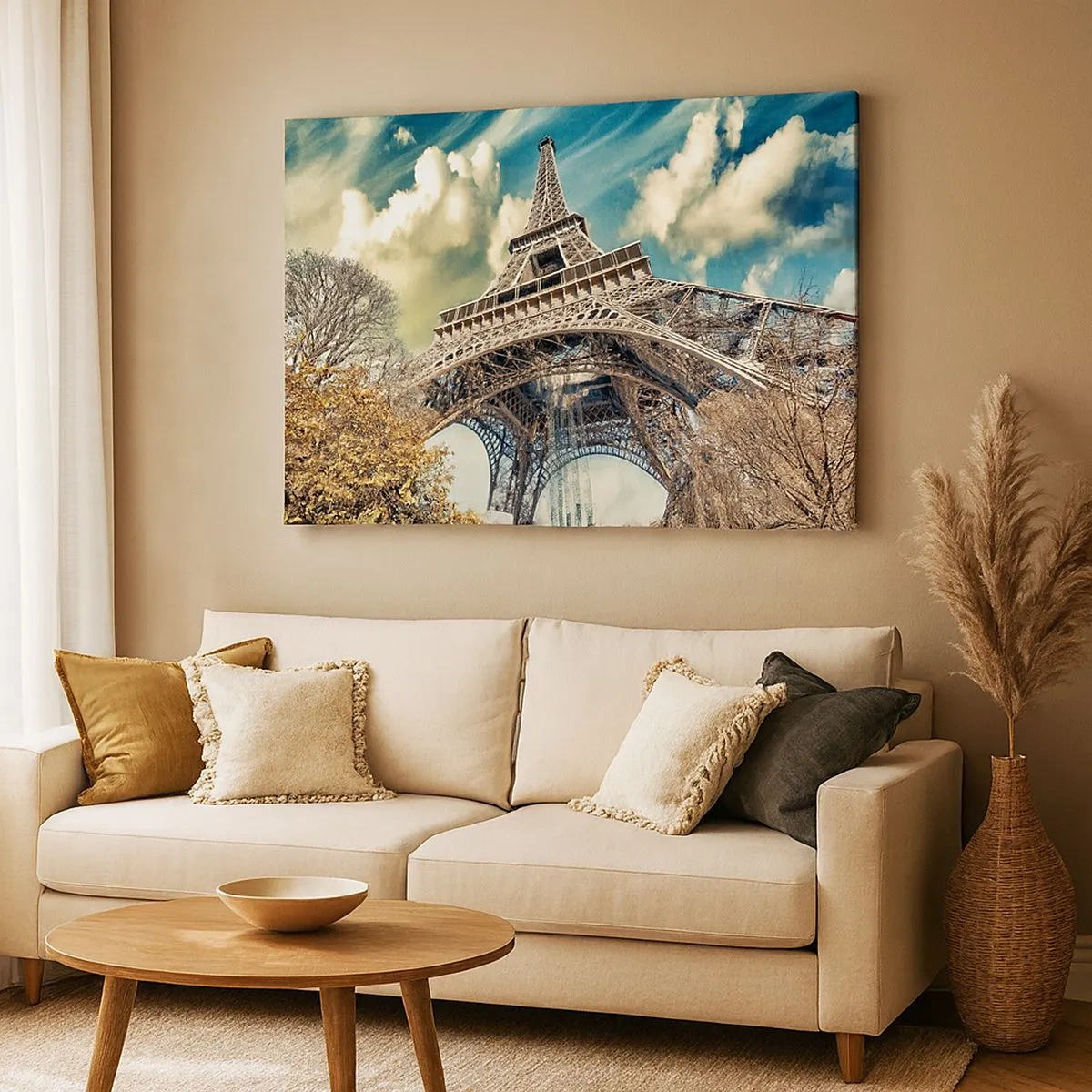Tablou pe pânză Canvas - Turnul Eiffel de jos într-un cadru autumnal - 70x50cm - Și la Paris, în toamna anului .... - Decorațiune modernă pentru perete pentru living și dormitor ARTTOR