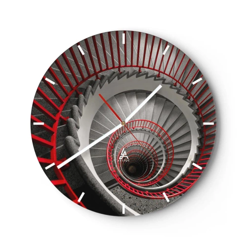 Ceas de perete - Ceas pe sticlă - Perspectiva scării în spirală cu balustrade roșii - 30x30cm - Jocuri arhitecturale - Decorațiune modernă pentru perete pentru living, bucătărie și dormitor ARTTOR