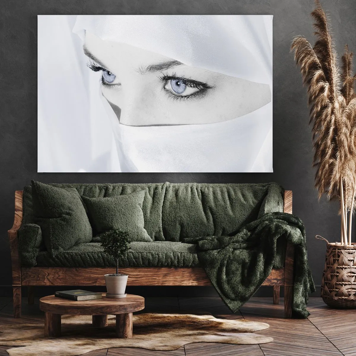 Tablou pe pânză Canvas - Portretul unei femei cu ochi albaștri ascunși în spatele unui voal alb - 70x50cm - Direct din o mie și una de nopți - Decorațiune modernă pentru perete pentru living și dormitor ARTTOR
