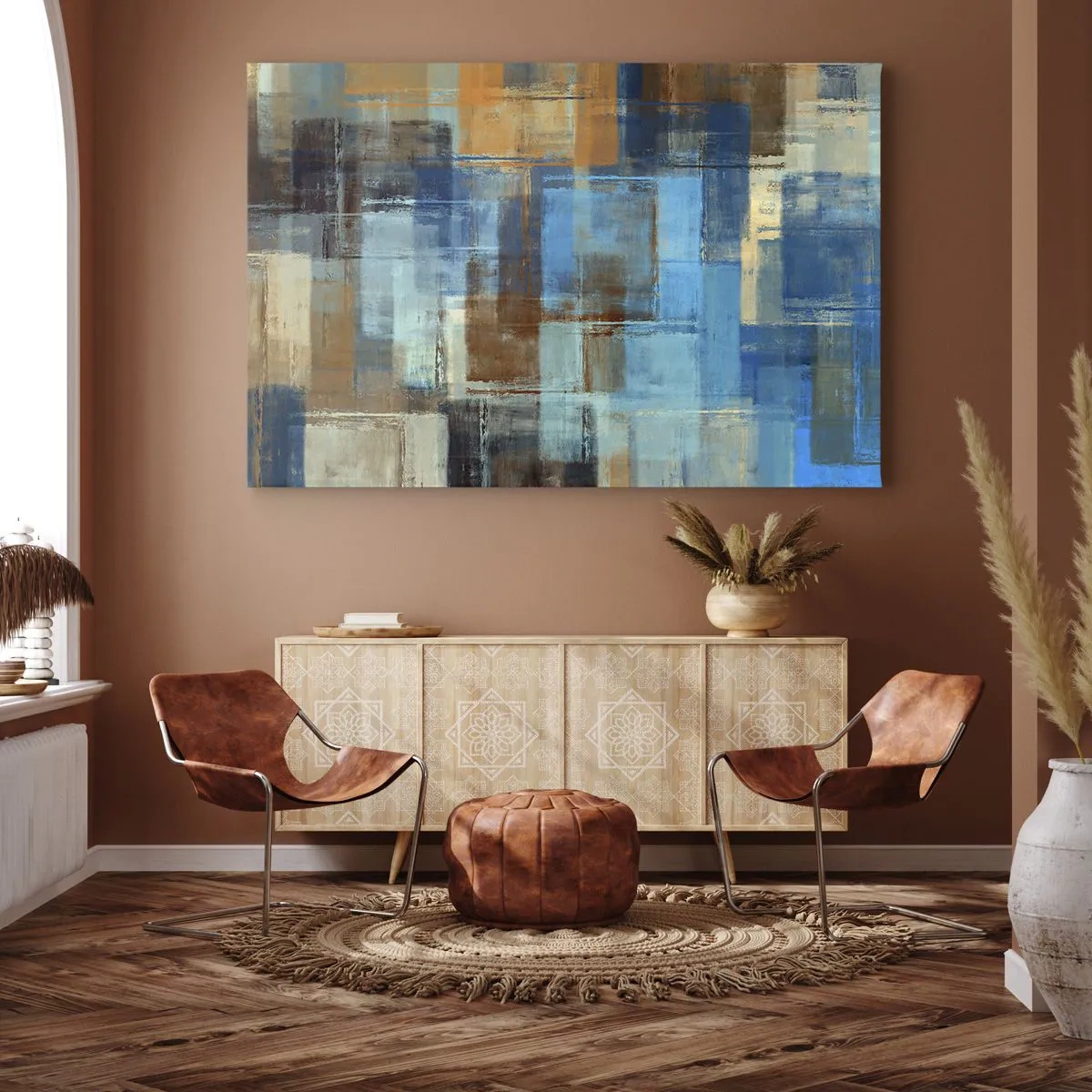 Tablou pe pânză Canvas - Compoziție geometrică abstractă în nuanțe de albastru și maro - 70x50cm - Prin valul albastru - Decorațiune modernă pentru perete pentru living și dormitor ARTTOR