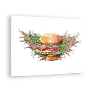Tablou pe sticlă - Desen artistic al unui burger cu detalii în acuarelă - 70x50cm - Tentație fierbinte - Decorațiune modernă pentru perete pentru living și dormitor ARTTOR