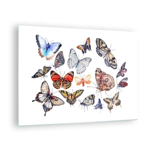 Tablou pe sticlă - Fluturi colorați într-o compoziție artistică - 70x50cm - Un roi colorat de dantelă - Decorațiune modernă pentru perete pentru living și dormitor ARTTOR