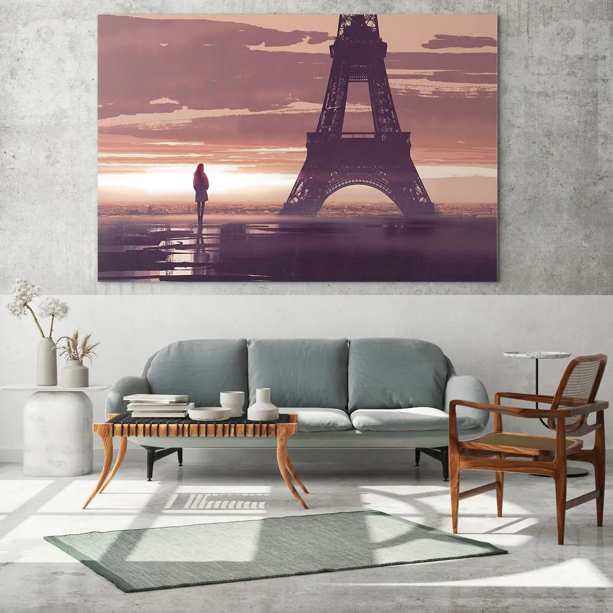 Tablou pe sticlă - Turnul Eiffel la apus cu silueta unei persoane - 70x50cm - Doar ele două - Decorațiune modernă pentru perete pentru living și dormitor ARTTOR