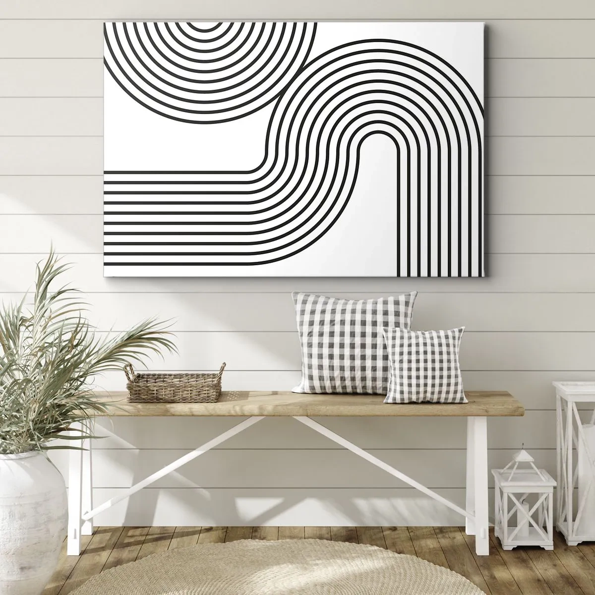 Tablou pe pânză Canvas - O pictură abstractă cu linii negre care creează modele geometrice pe un fundal alb. - 70x50cm - Pe o curbă - Decorațiune modernă pentru perete pentru living și dormitor ARTTOR
