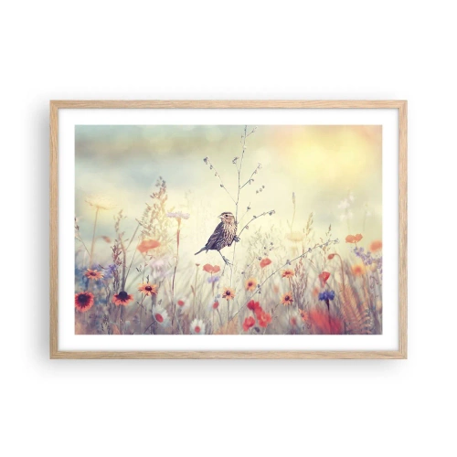 Poster în ramă de stejar deschis - Portret de pasăre cu o pajiște în fundal - 70x50 cm