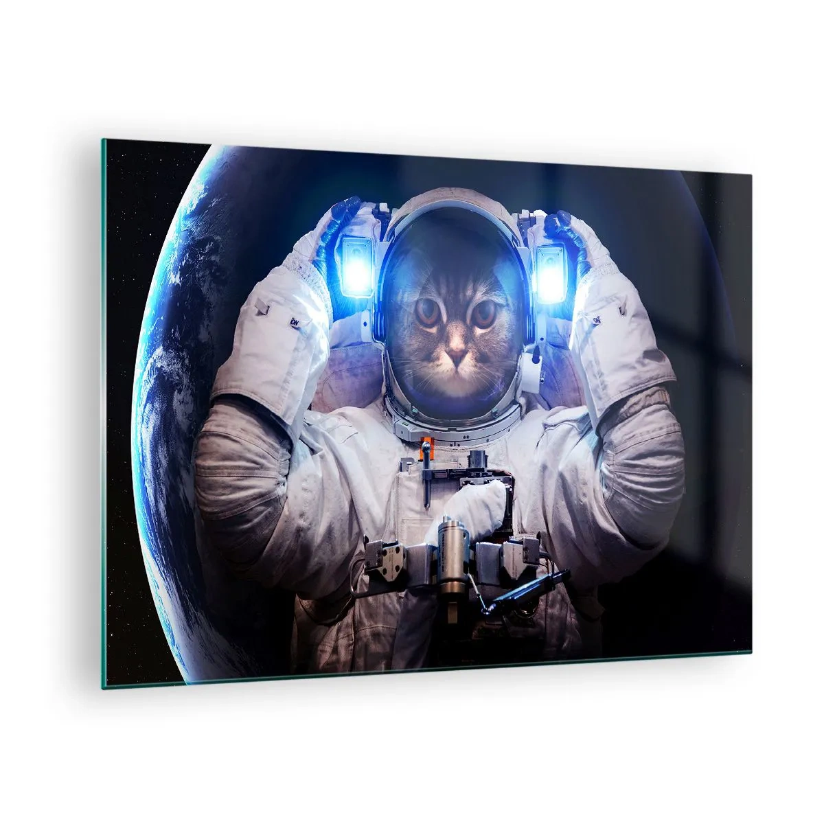 Tablou pe sticlă - Un cosmonaut cu cap de pisică în spațiu - 70x50cm - Houston, aveți o problemă - Decorațiune modernă pentru perete pentru living și dormitor ARTTOR