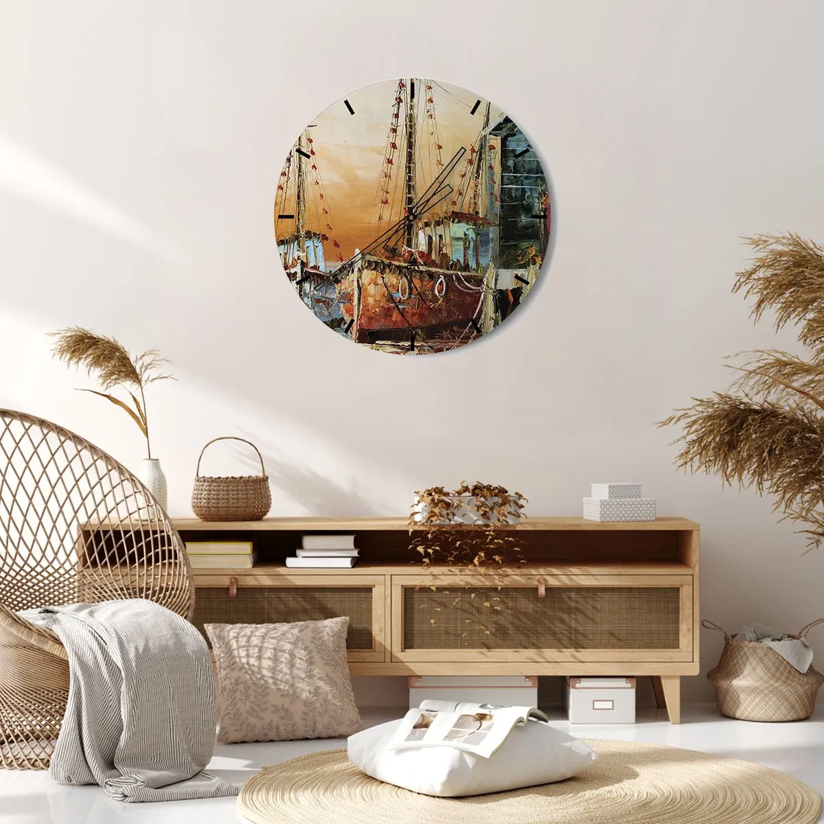Ceas de perete - Ceas pe sticlă - Imagine cu nave cu pânze într-un port pitoresc la apus - 30x30cm - Întoarcere pașnică - Decorațiune modernă pentru perete pentru living, bucătărie și dormitor ARTTOR