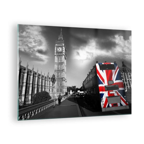 Tablou pe sticlă - Big Ben și un autobuz cu steag britanic - 70x50cm - Mândru și mare - Decorațiune modernă pentru perete pentru living și dormitor ARTTOR