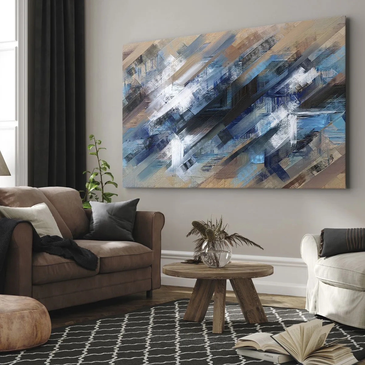 Tablou pe pânză Canvas - Compoziție abstractă cu linii diagonale albastre - 70x50cm - Pe o pantă albastră - Decorațiune modernă pentru perete pentru living și dormitor ARTTOR