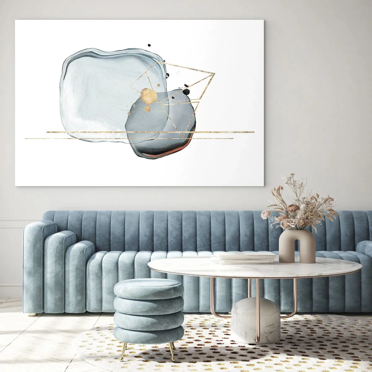Tablou pe sticlă - Abstracție modernă cu picături și linii geometrice aurii - 70x50cm - Studiul picăturii - Decorațiune modernă pentru perete pentru living și dormitor ARTTOR
