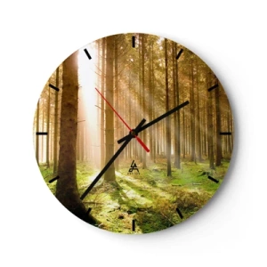Ceas de perete - Ceas pe sticlă - Pădure însorită cu raze de lumină - 30x30cm - Spiridușii sunt pe cale să apară - Decorațiune modernă pentru perete pentru living, bucătărie și dormitor ARTTOR