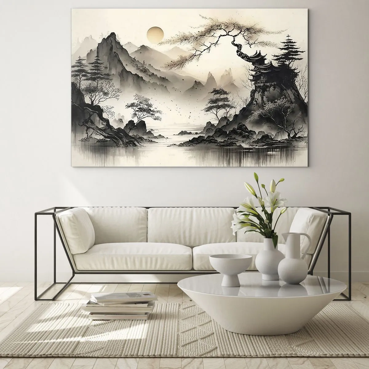 Tablou pe sticlă - Peisaj montan oriental cu pagodă și copaci - 70x50cm - Farmecul unic al Orientului - Decorațiune modernă pentru perete pentru living și dormitor ARTTOR