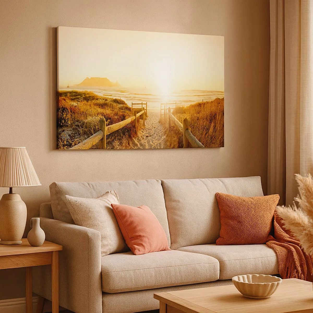Tablou pe pânză Canvas - Calea spre plajă în timpul unui apus de soare auriu - 70x50cm - Prin dune spre soare - Decorațiune modernă pentru perete pentru living și dormitor ARTTOR