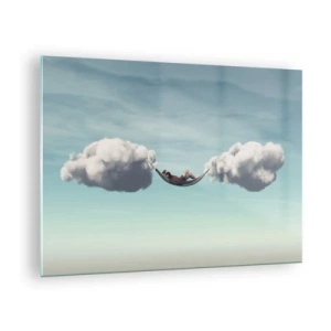 Tablou pe sticlă - Hamacuri de nori pe un cer albastru - 70x50cm - Fericirea momentului - Decorațiune modernă pentru perete pentru living și dormitor ARTTOR