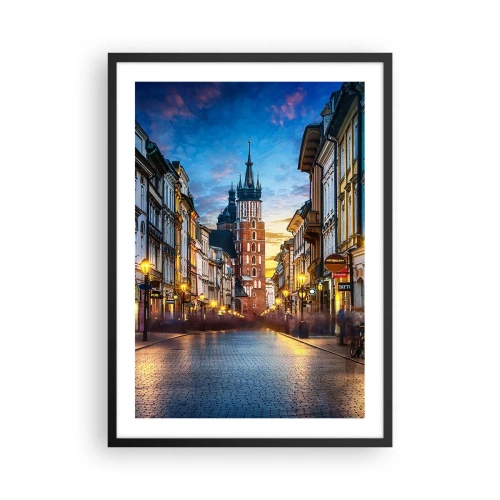 Poster în ramă neagră - Vedere de seară a străzii Grodzka și a Bisericii Sf. Maria din Cracovia - 50x70cm - Farmecul Cracoviei - Decorațiune modernă pentru perete pentru living și dormitor ARTTOR