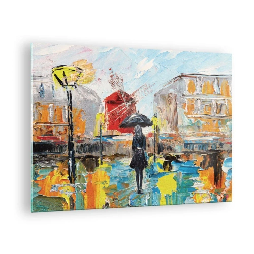 Tablou pe sticlă - O femeie cu o umbrelă pe fundalul unui oraș, în stil impresionist - 70x50cm - Legende pariziene - Decorațiune modernă pentru perete pentru living și dormitor ARTTOR