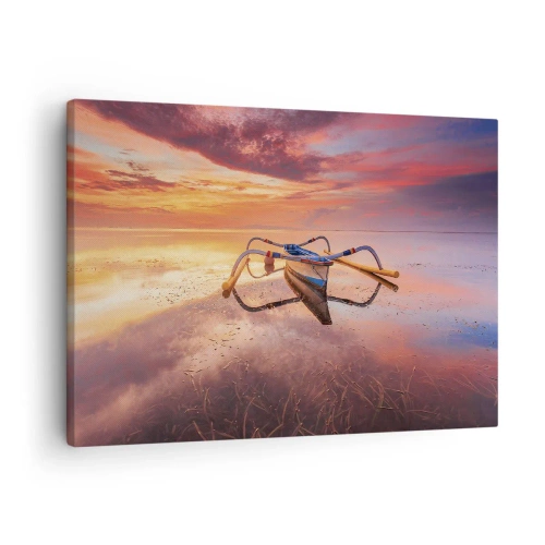 Tablou pe pânză Canvas - O barcă pe ape calme la apus - 70x50cm - Liniștea unei seri tropicale - Decorațiune modernă pentru perete pentru living și dormitor ARTTOR
