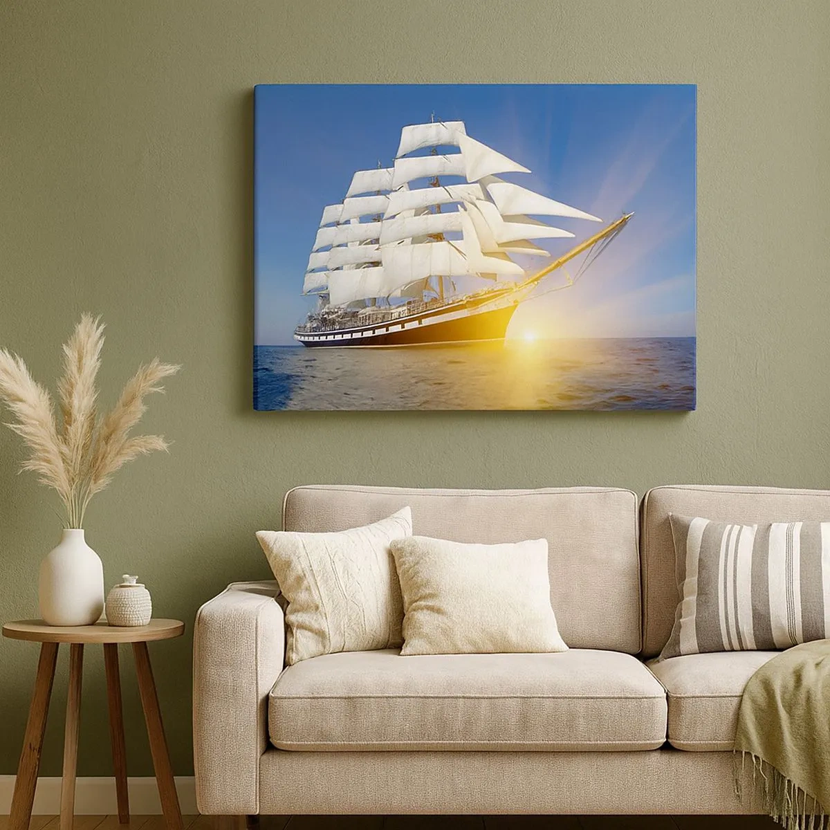 Tablou pe pânză Canvas - O corabie cu pânze pe mare în lumina soarelui care apune - 70x50cm - Timpul lor nu trece niciodată - Decorațiune modernă pentru perete pentru living și dormitor ARTTOR