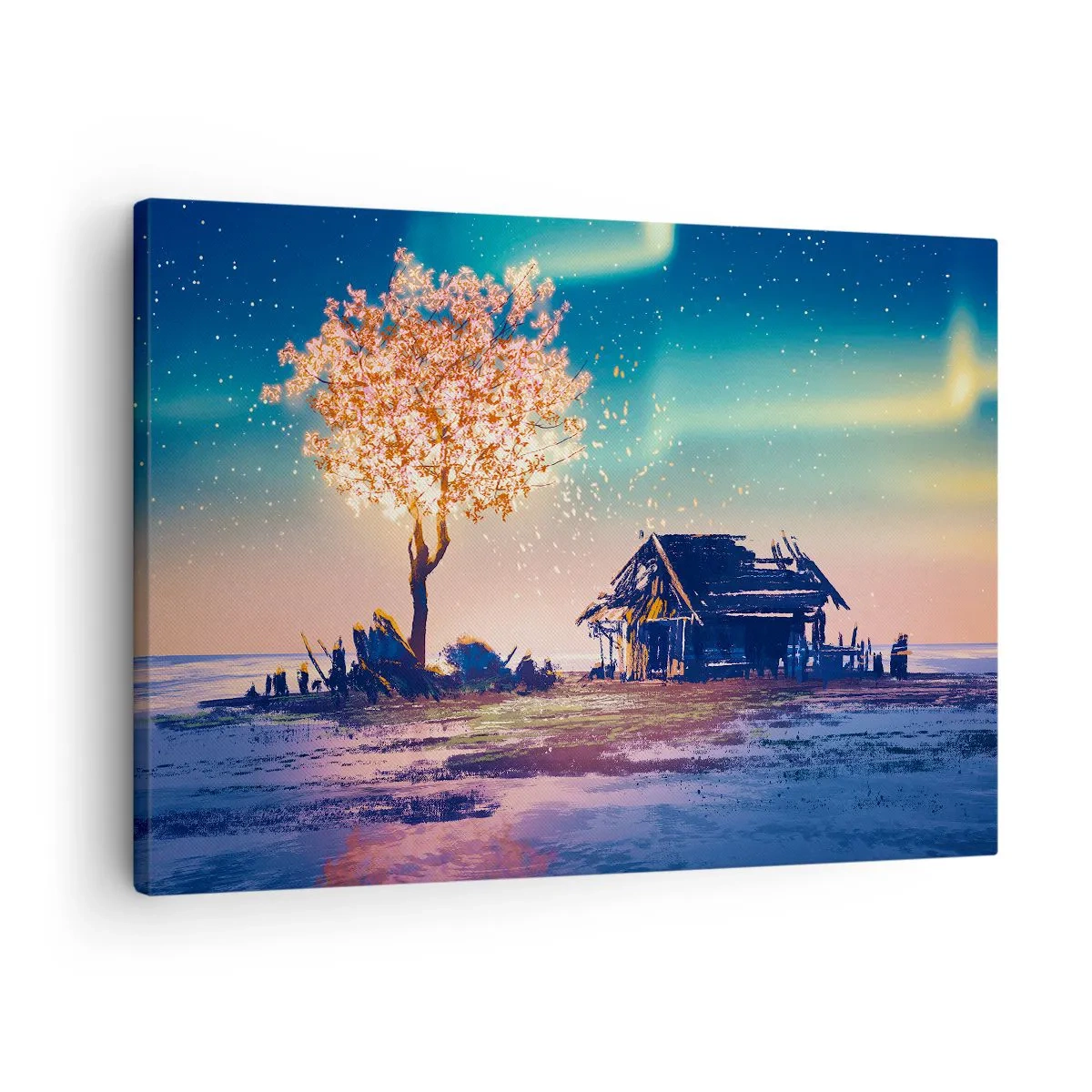 Tablou pe pânză Canvas - O casă și un copac înflorit sub cerul nopții - 70x50cm - Natura nu trece - Decorațiune modernă pentru perete pentru living și dormitor ARTTOR