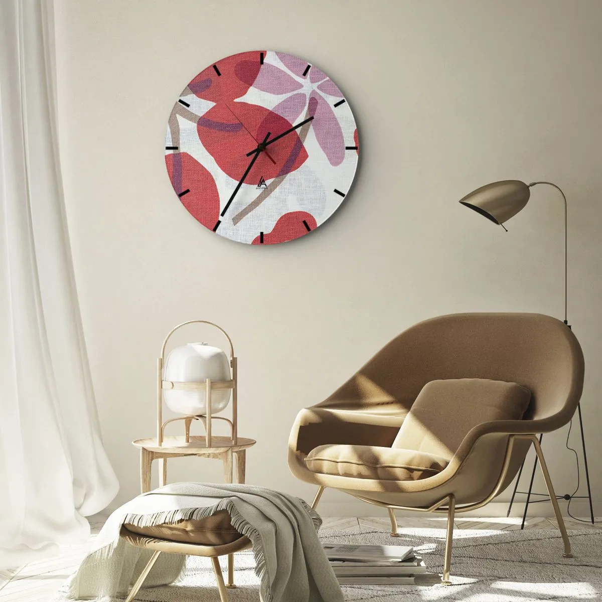 Ceas de perete - Ceas pe sticlă - Aranjament floral în roz - 30x30 cm