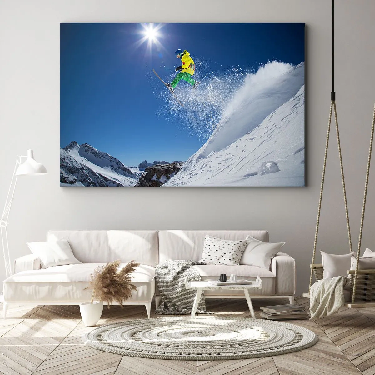 Tablou pe pânză Canvas - Schior în aer cu munți în fundal - 70x50cm - Dansând cu munții - Decorațiune modernă pentru perete pentru living și dormitor ARTTOR