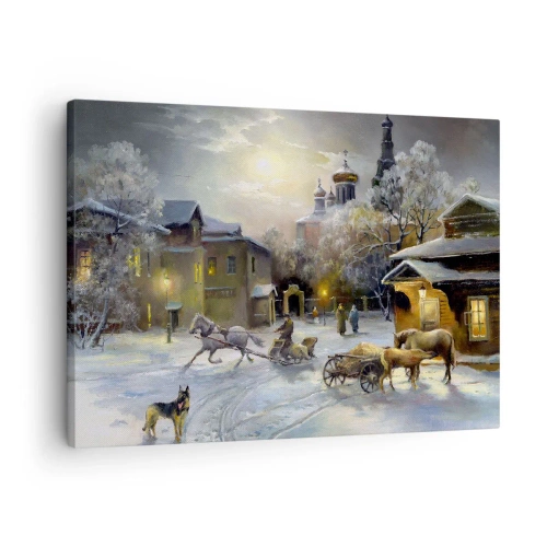 Tablou pe pânză Canvas - Peisaj de iarnă într-un oraș rusesc cu o sanie și o biserică - 70x50cm - Magia unei ierni rusești - Decorațiune modernă pentru perete pentru living și dormitor ARTTOR