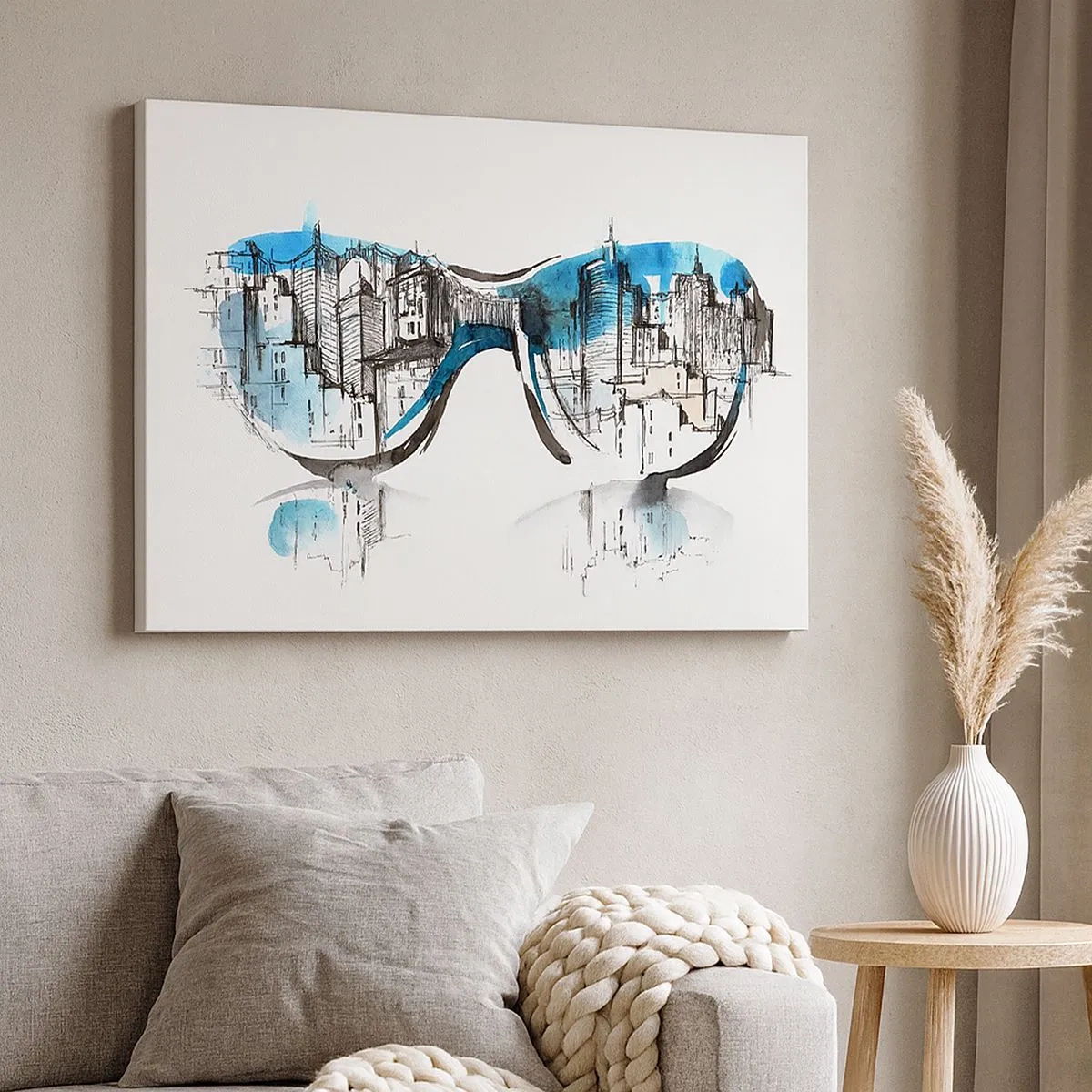 Tablou pe pânză Canvas - Acuarelă a panoramei orașului reflectată în ochelari - 70x50cm - Eleganța unui mare oraș - Decorațiune modernă pentru perete pentru living și dormitor ARTTOR