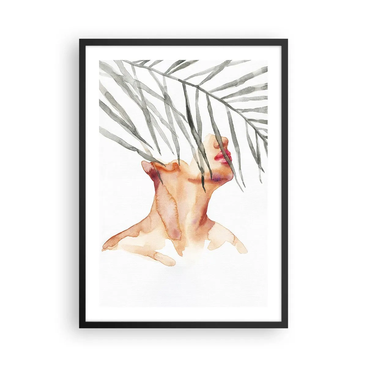Poster în ramă neagră - Femeie în acuarelă cu frunze de palmier acoperindu-i fața - 50x70cm - Simțiți pulsul tropicelor - Decorațiune modernă pentru perete pentru living și dormitor ARTTOR