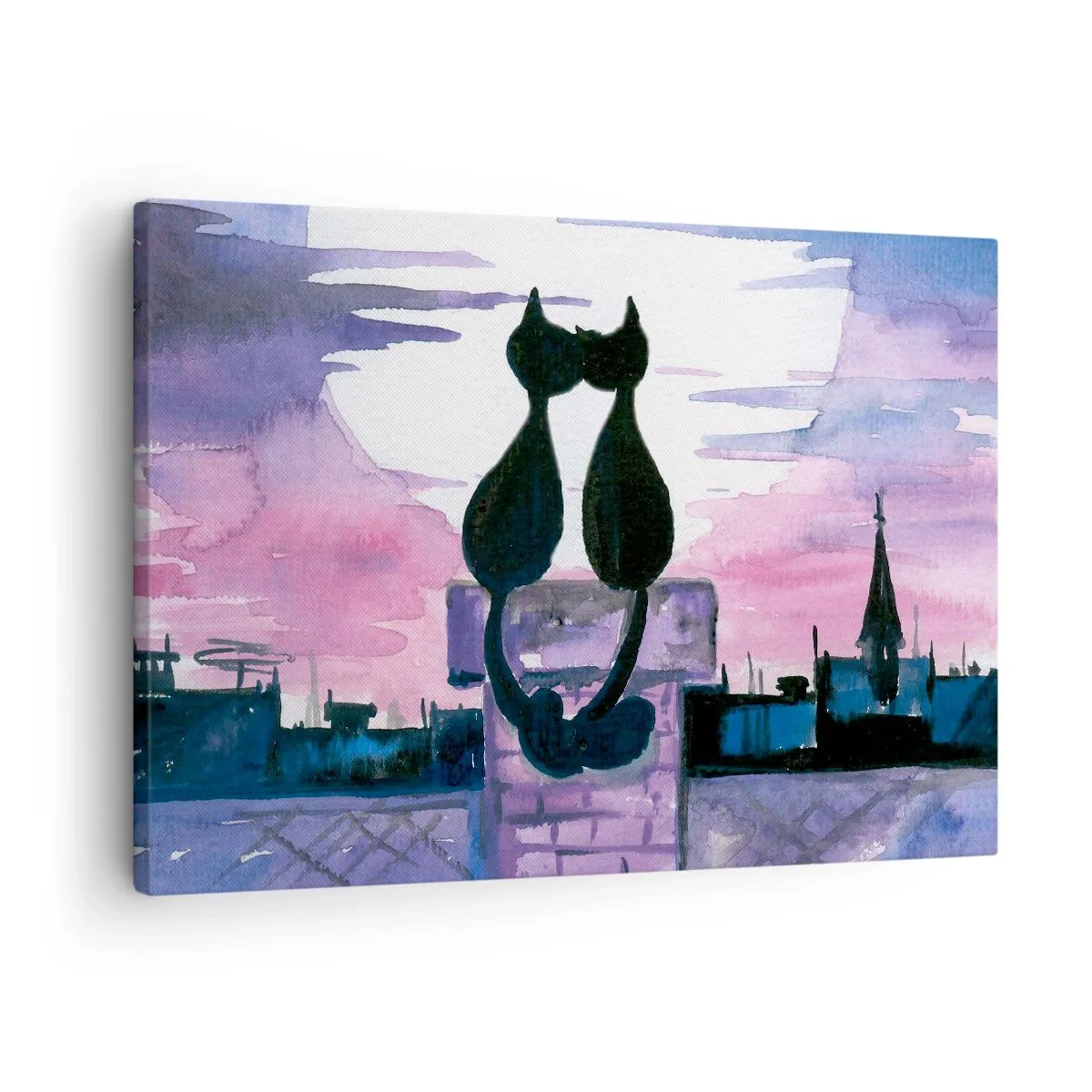 Tablou pe pânză Canvas - Pisici negre pe un acoperiș în lumina lunii, într-un decor de acuarelă - 70x50cm - Rendez-vous sub lună - Decorațiune modernă pentru perete pentru living și dormitor ARTTOR
