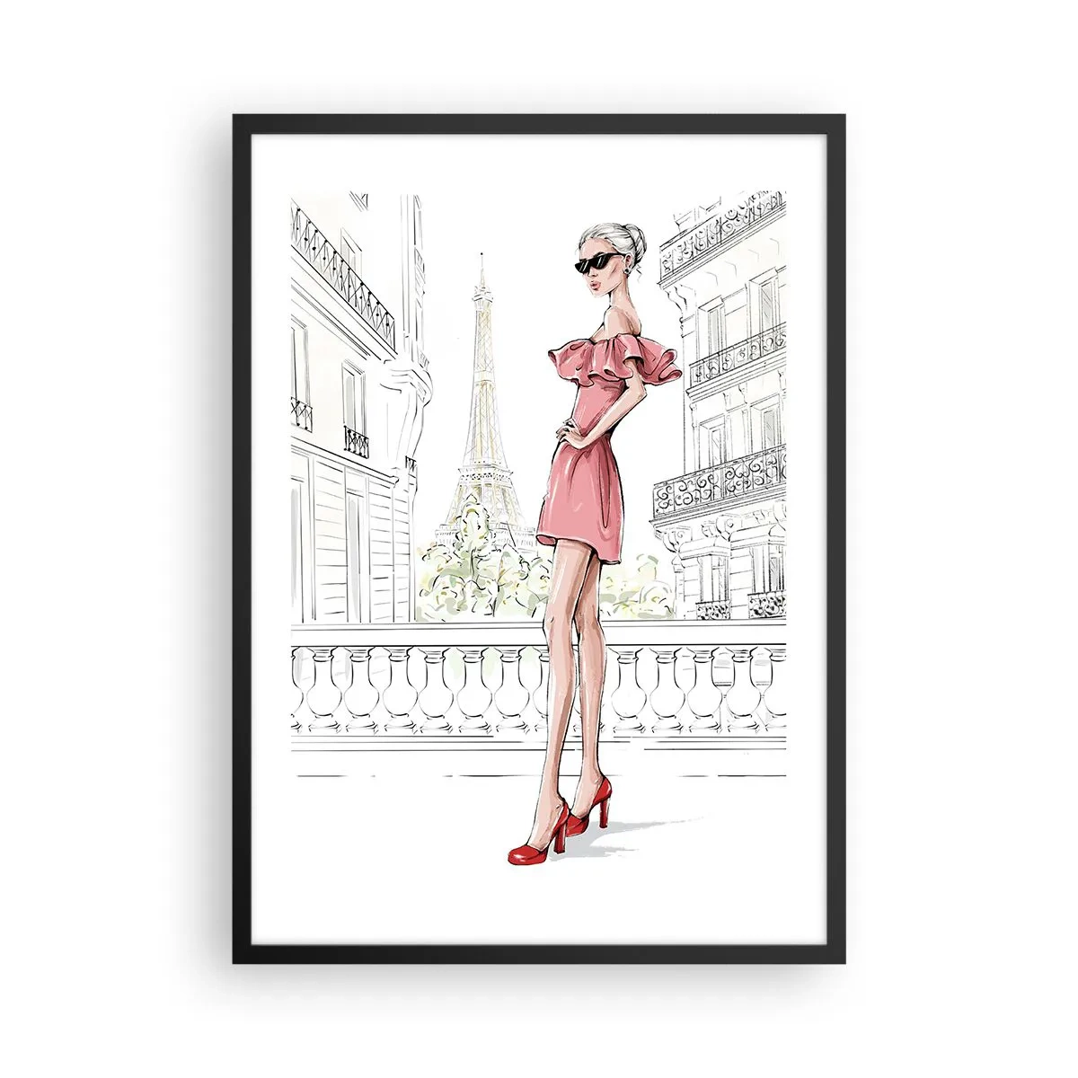 Poster în ramă neagră - O femeie elegantă într-o rochie roz, cu Turnul Eiffel în fundal - 50x70cm - Arta modei - Decorațiune modernă pentru perete pentru living și dormitor ARTTOR