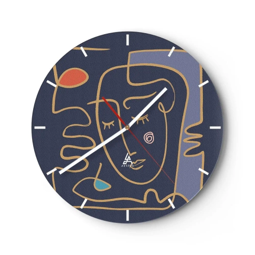 Ceas de perete - Ceas pe sticlă - O față desenată minimalist pe un fundal bleumarin. - 30x30cm - În reverie - Decorațiune modernă pentru perete pentru living, bucătărie și dormitor ARTTOR